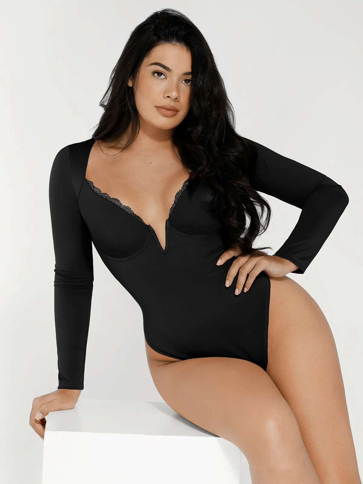 Shapewear Long Sleeve Lace Trim V-Neck Slimming Bodysuit - Image 20