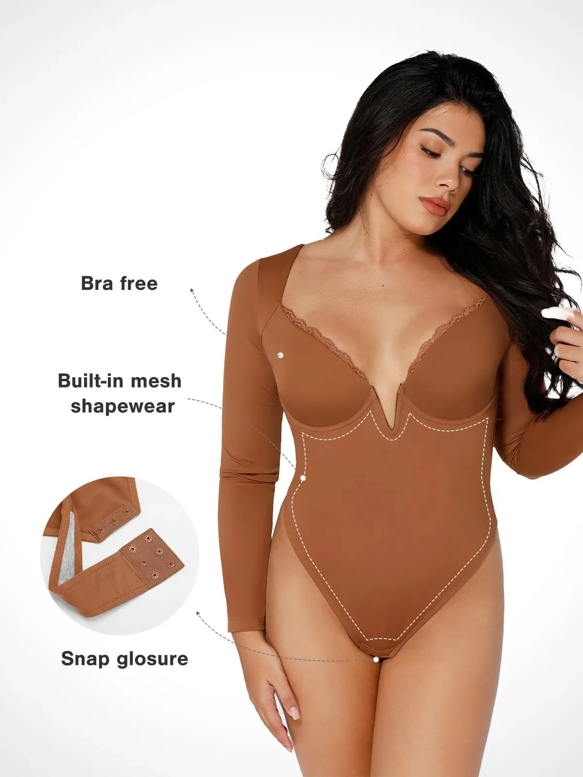 Shapewear Long Sleeve Lace Trim V-Neck Slimming Bodysuit - Image 24