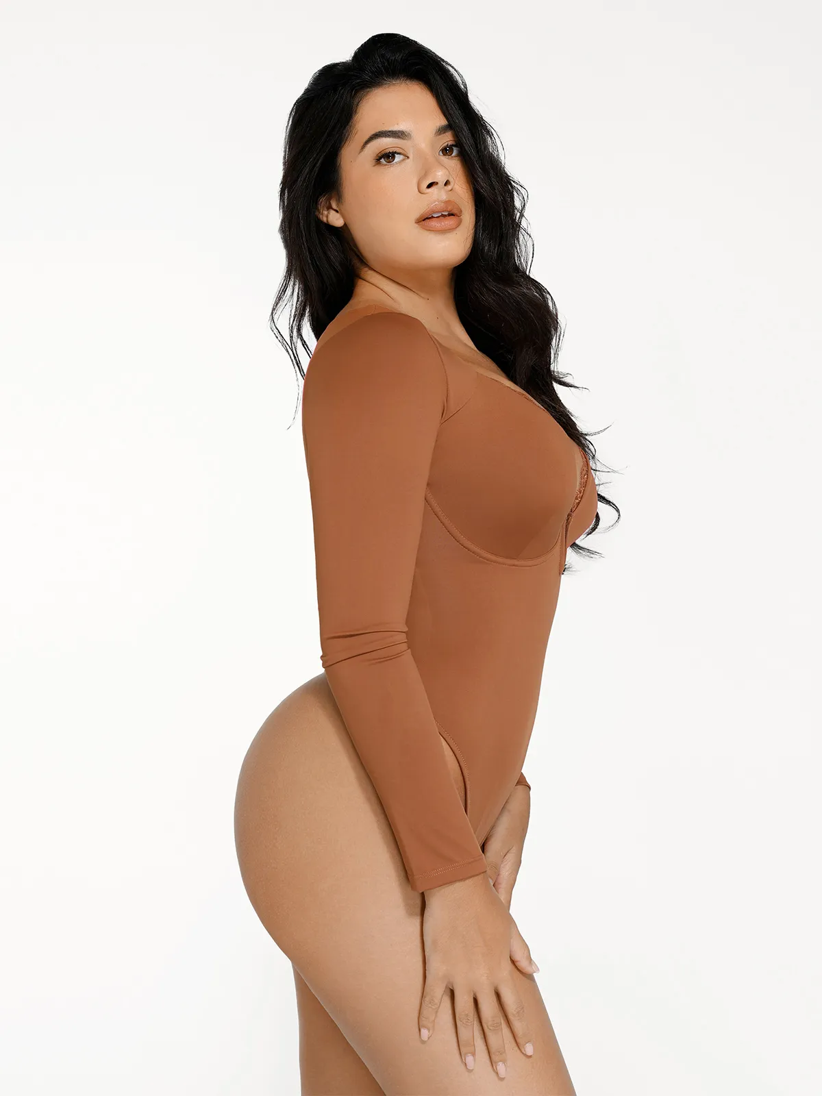 Shapewear Long Sleeve Lace Trim V-Neck Slimming Bodysuit - Image 25