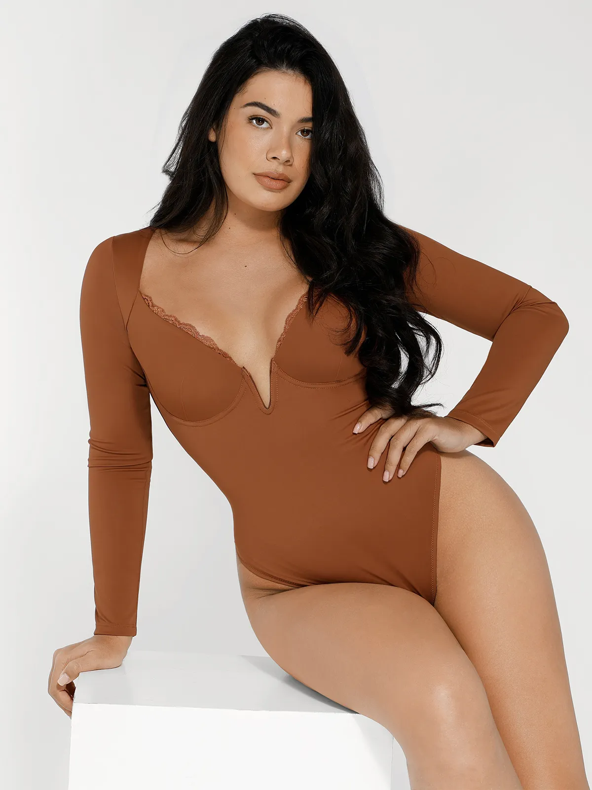 Shapewear Long Sleeve Lace Trim V-Neck Slimming Bodysuit - Image 27