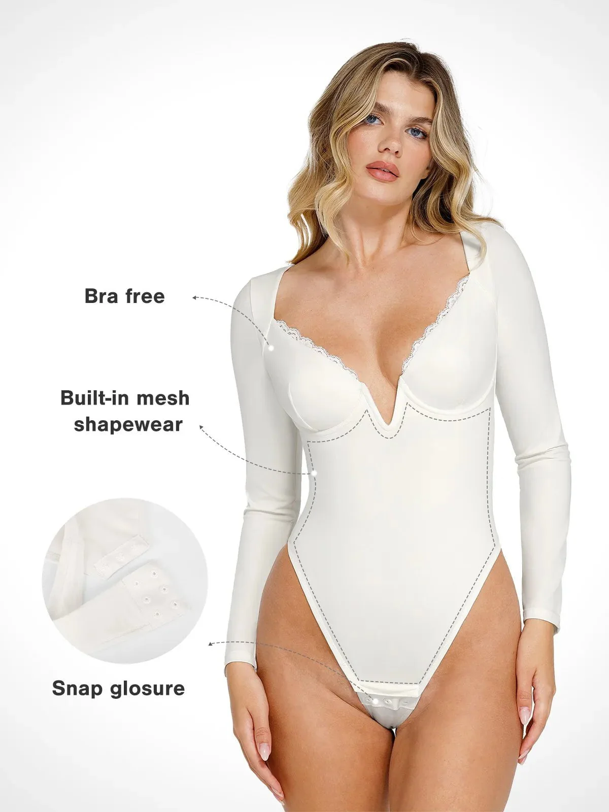 Shapewear Long Sleeve Lace Trim V-Neck Slimming Bodysuit - Image 9