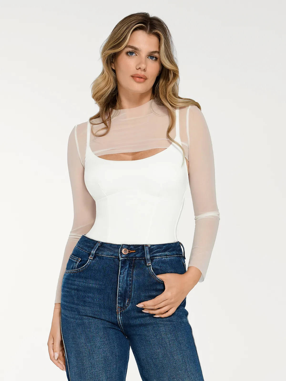 Shapewear Long Sleeve Mesh Shrug Sculpting Bodysuit Set - Image 21