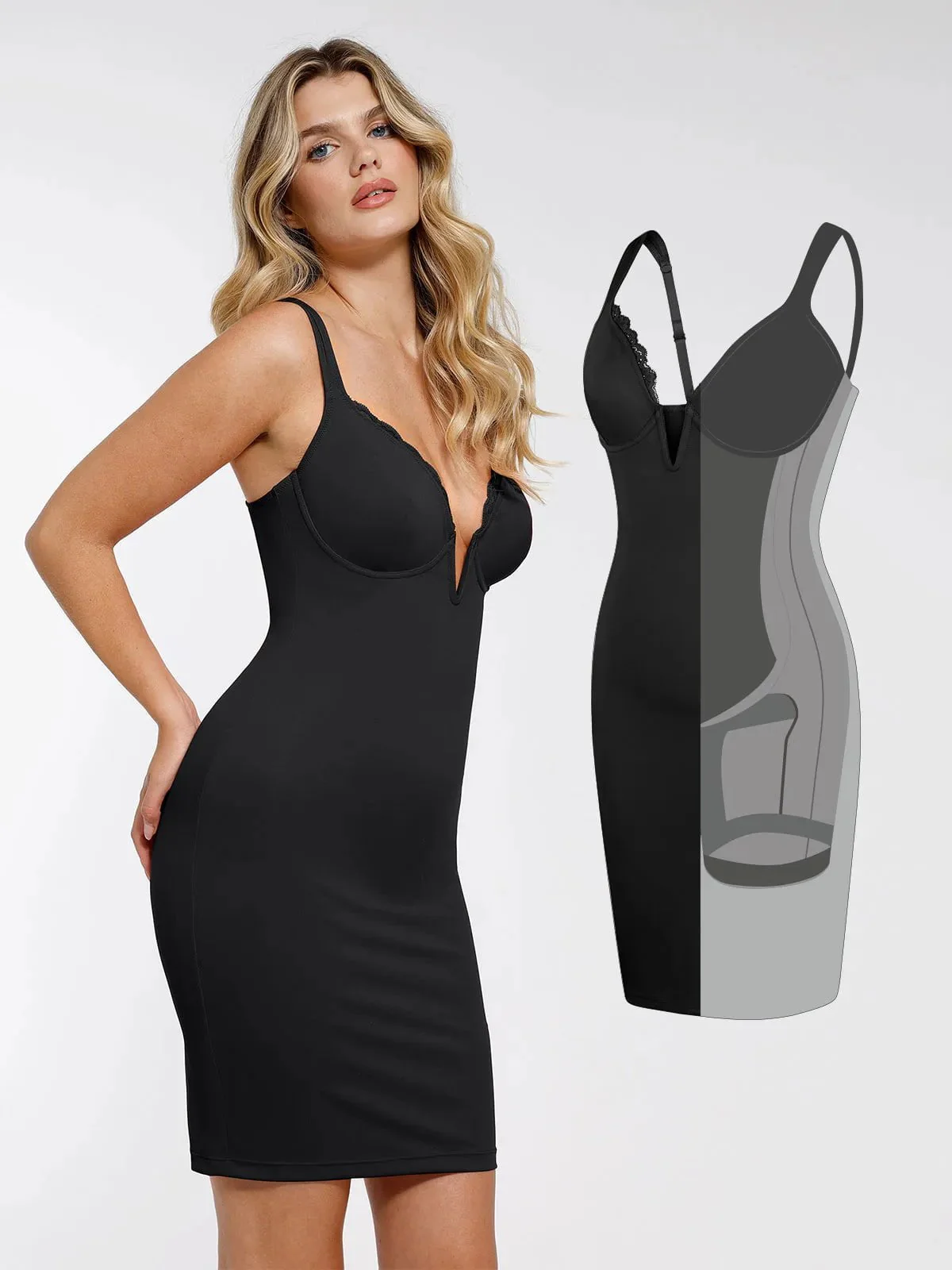 Shapewear Plunging V Lace Trim Bodycon Mini Dress - Image 11