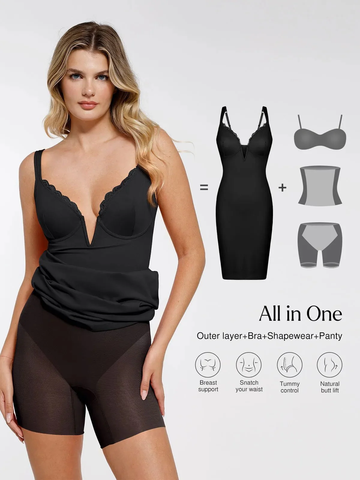 Shapewear Plunging V Lace Trim Bodycon Mini Dress - Image 12