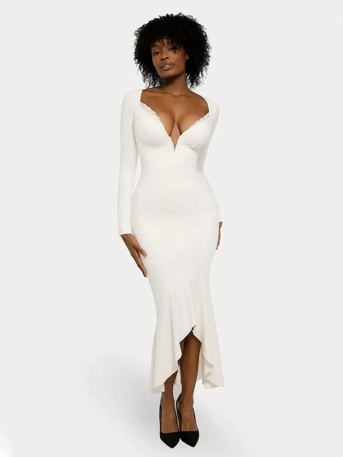 Shapewear Long Sleeve Lace Trim Sculpting Mermaid Maxi Dress