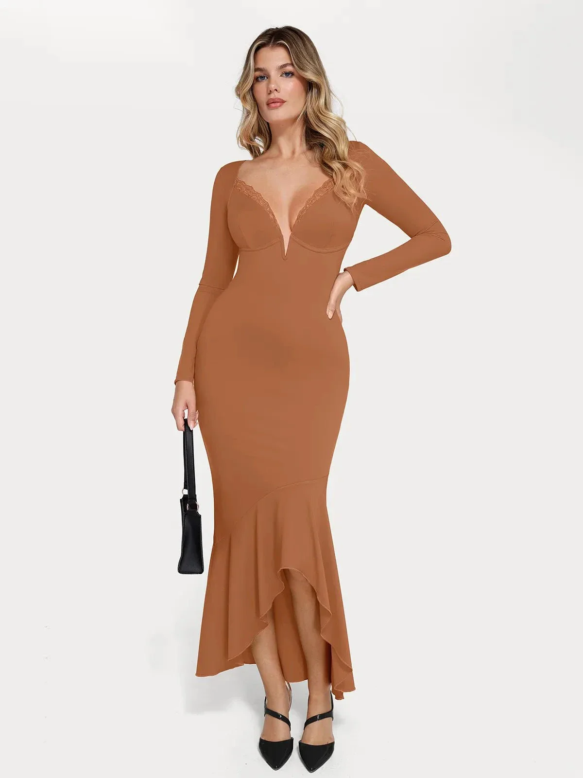 Shapewear Long Sleeve Lace Trim Sculpting Mermaid Maxi Dress - Image 11