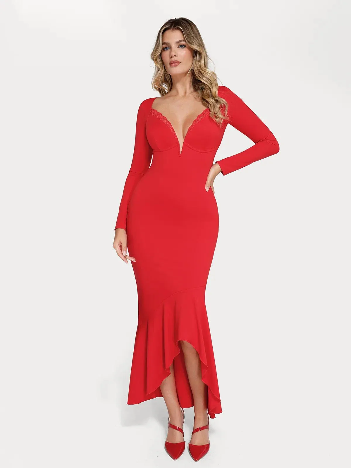 Shapewear Long Sleeve Lace Trim Sculpting Mermaid Maxi Dress - Image 17