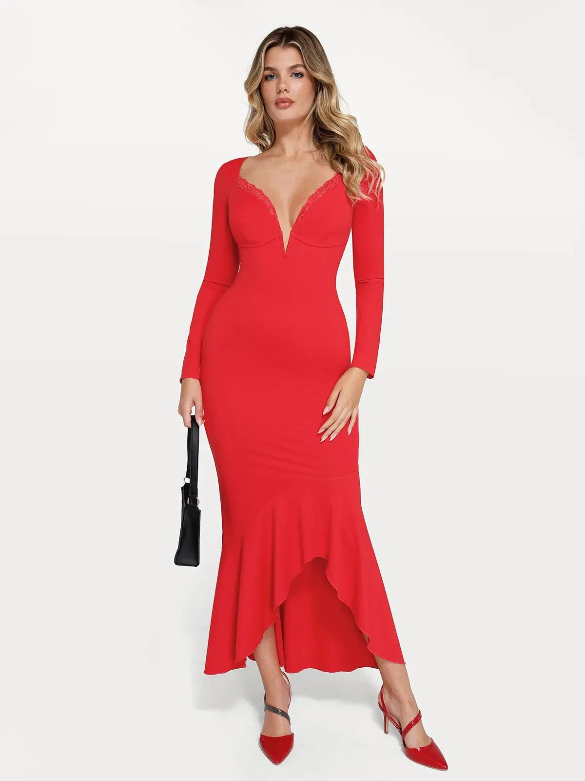 Shapewear Long Sleeve Lace Trim Sculpting Mermaid Maxi Dress - Image 21