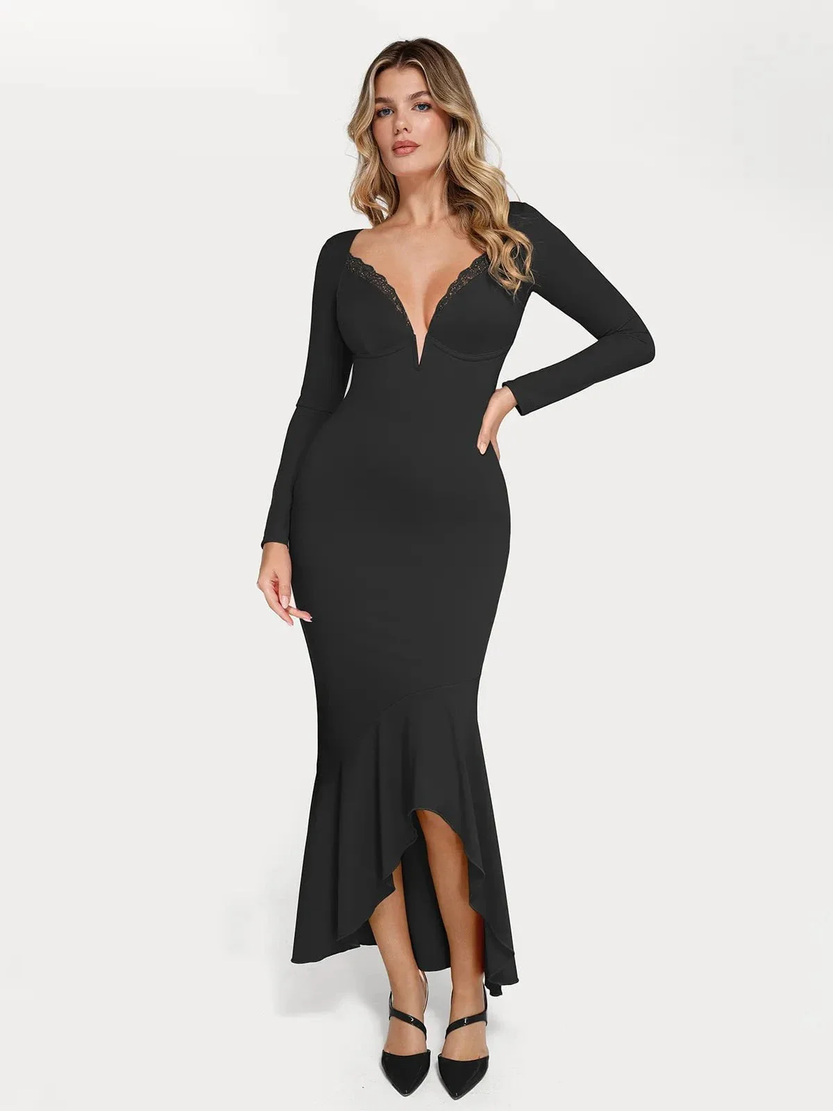 Shapewear Long Sleeve Lace Trim Sculpting Mermaid Maxi Dress - Image 24