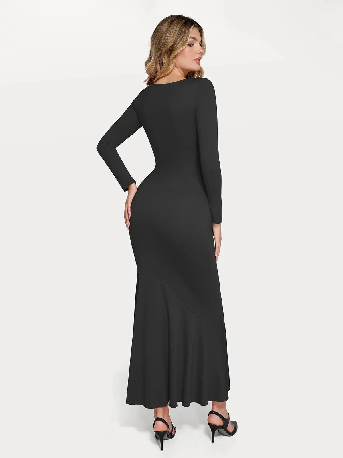 Shapewear Long Sleeve Lace Trim Sculpting Mermaid Maxi Dress - Image 26