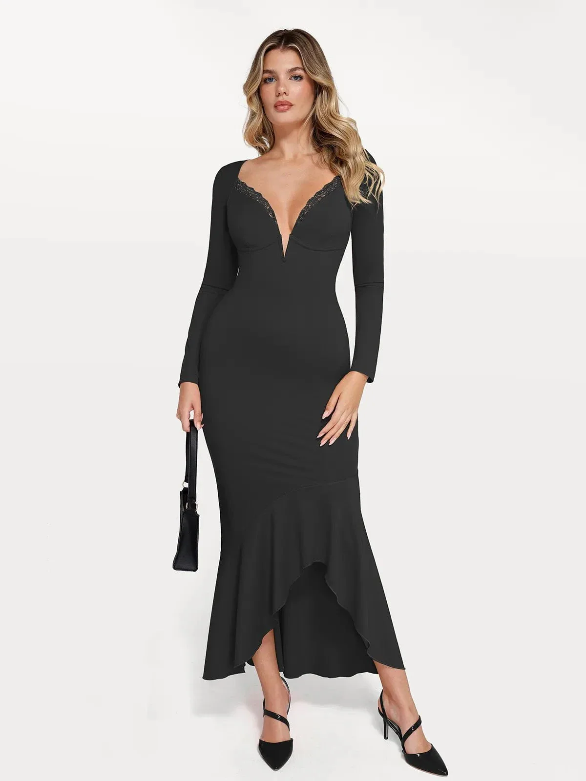 Shapewear Long Sleeve Lace Trim Sculpting Mermaid Maxi Dress - Image 28