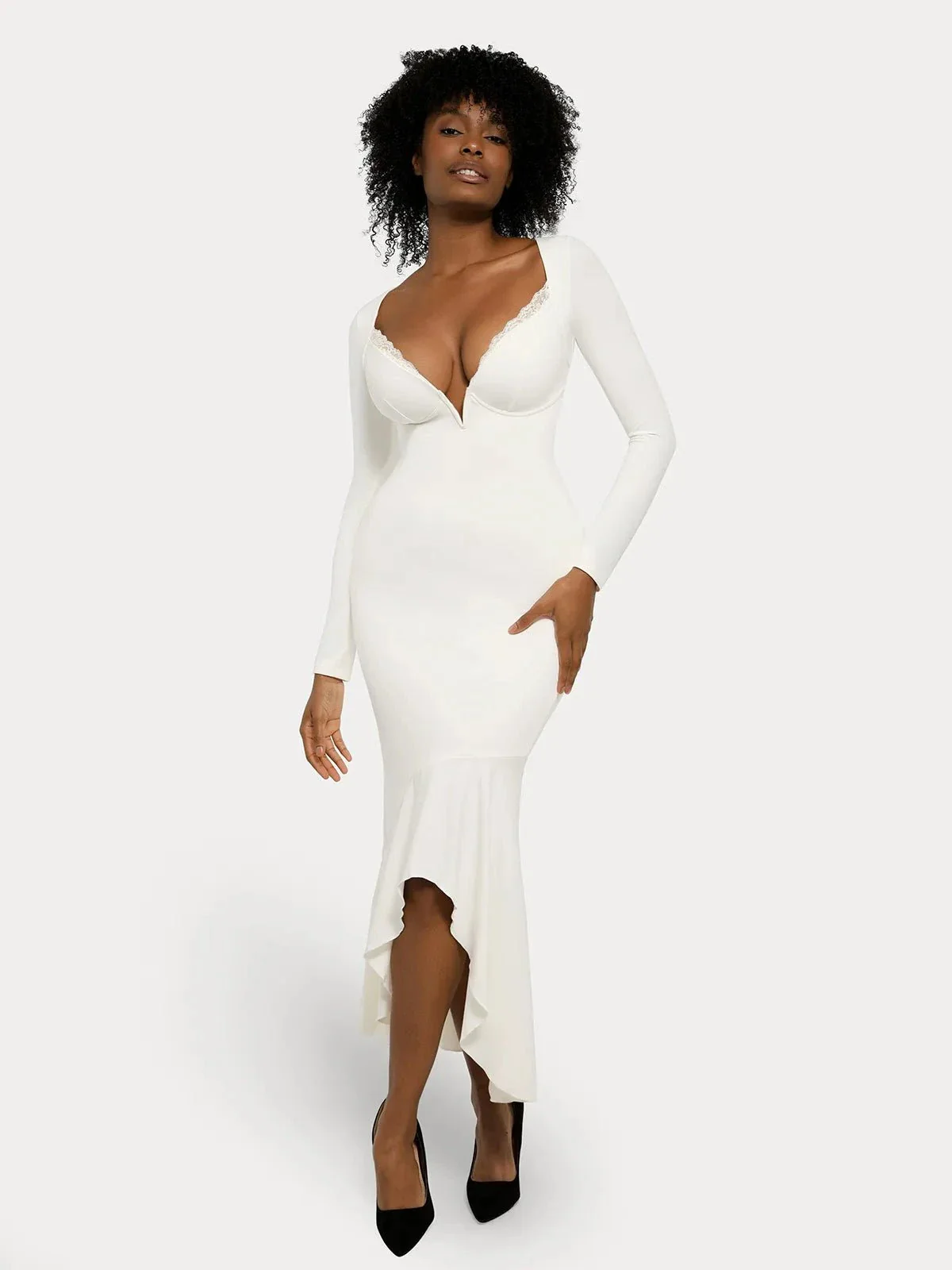 Shapewear Long Sleeve Lace Trim Sculpting Mermaid Maxi Dress - Image 4