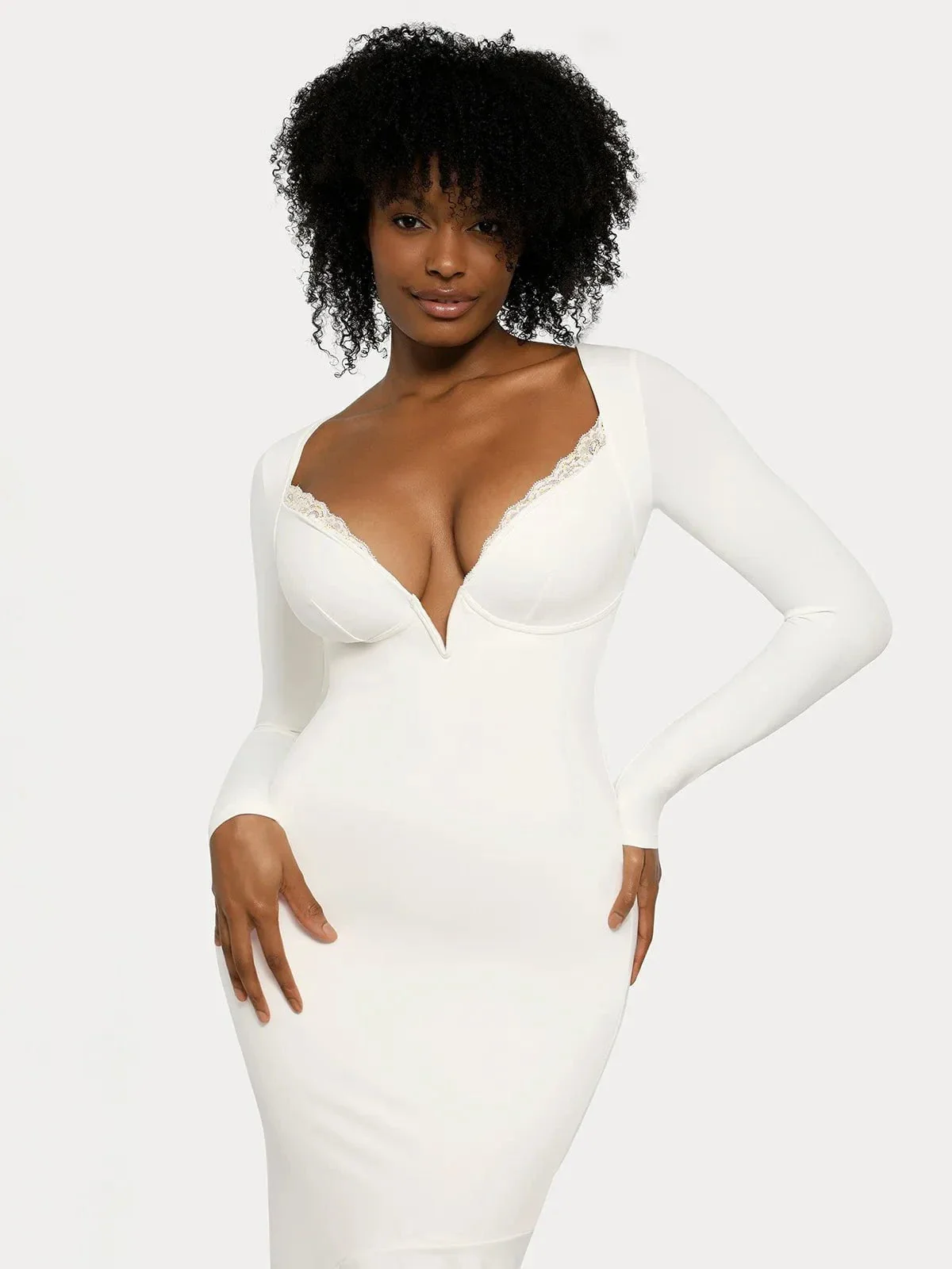 Shapewear Long Sleeve Lace Trim Sculpting Mermaid Maxi Dress - Image 5