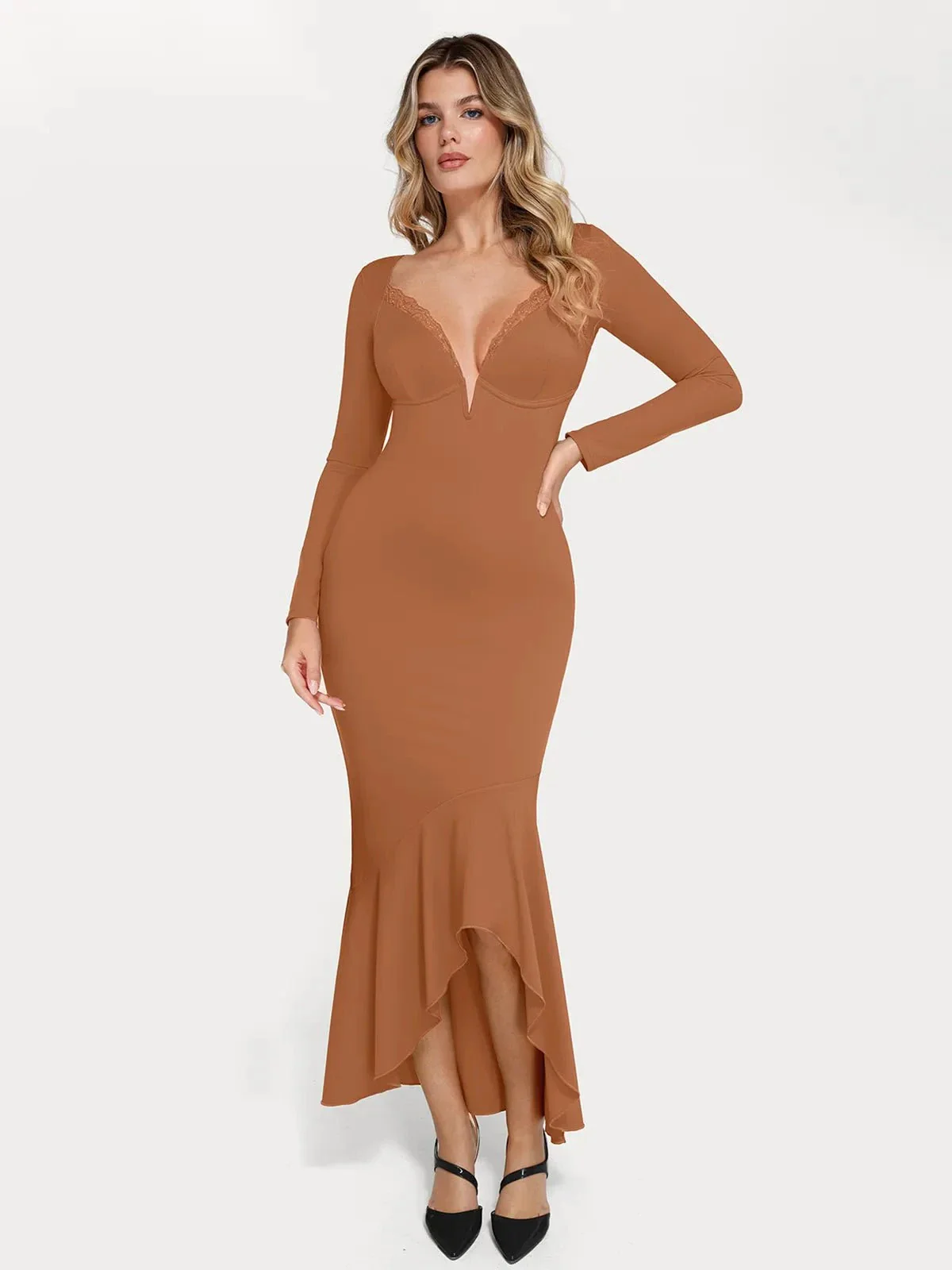 Shapewear Long Sleeve Lace Trim Sculpting Mermaid Maxi Dress - Image 8