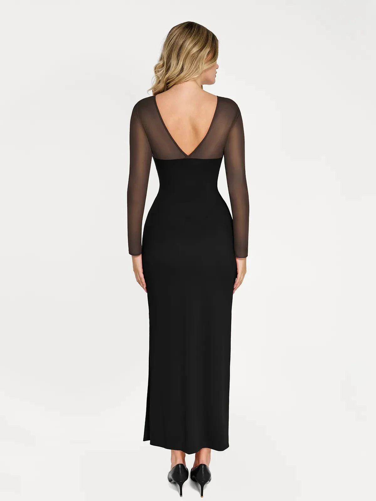 Shapewear Mesh Long Sleeve V-Back Slimming Maxi Dress - Image 20