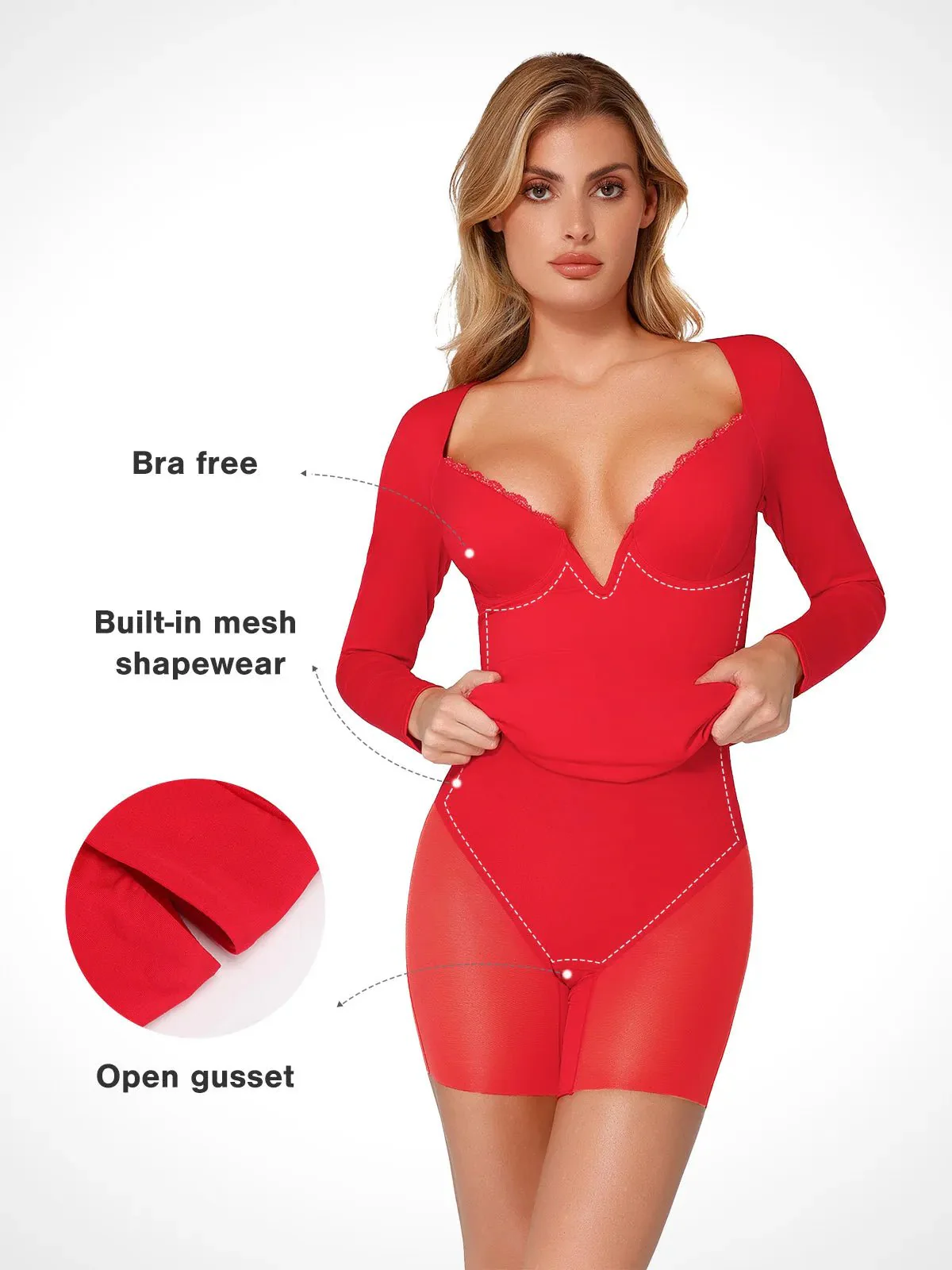 Shapewear Lace Trim V-Neck Long Sleeve Bodycon Mini Dress - Image 2