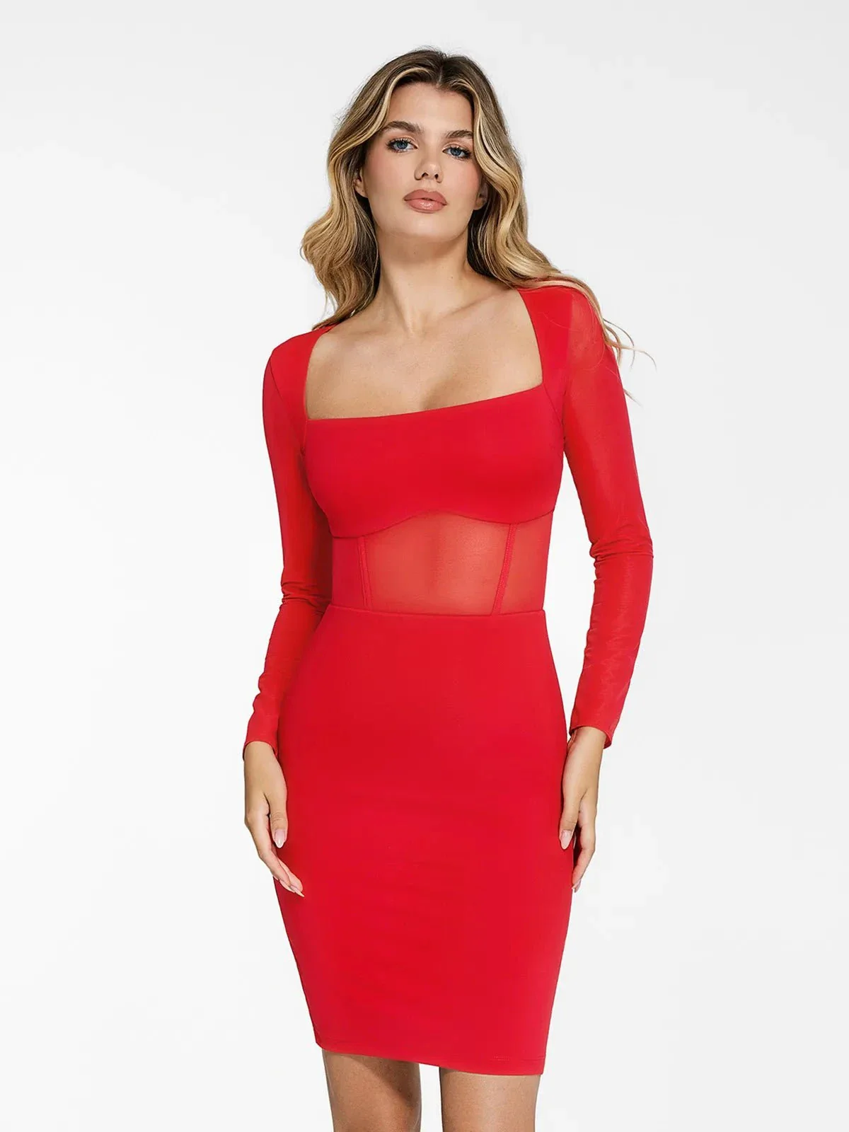 Shapewear Long Sleeve Mesh Inset Bodycon Midi Dress - Image 16