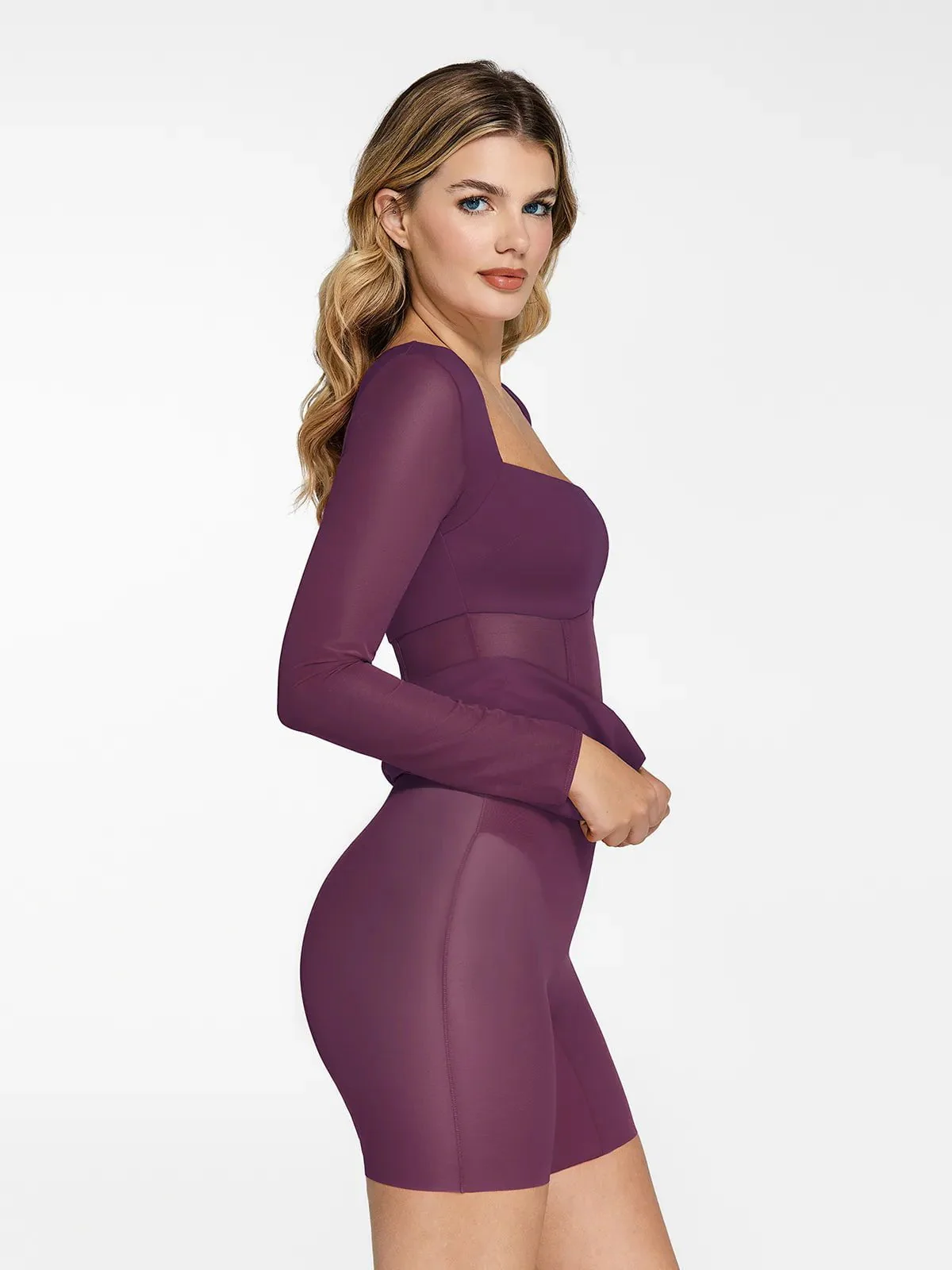 Shapewear Long Sleeve Mesh Inset Bodycon Midi Dress - Image 7