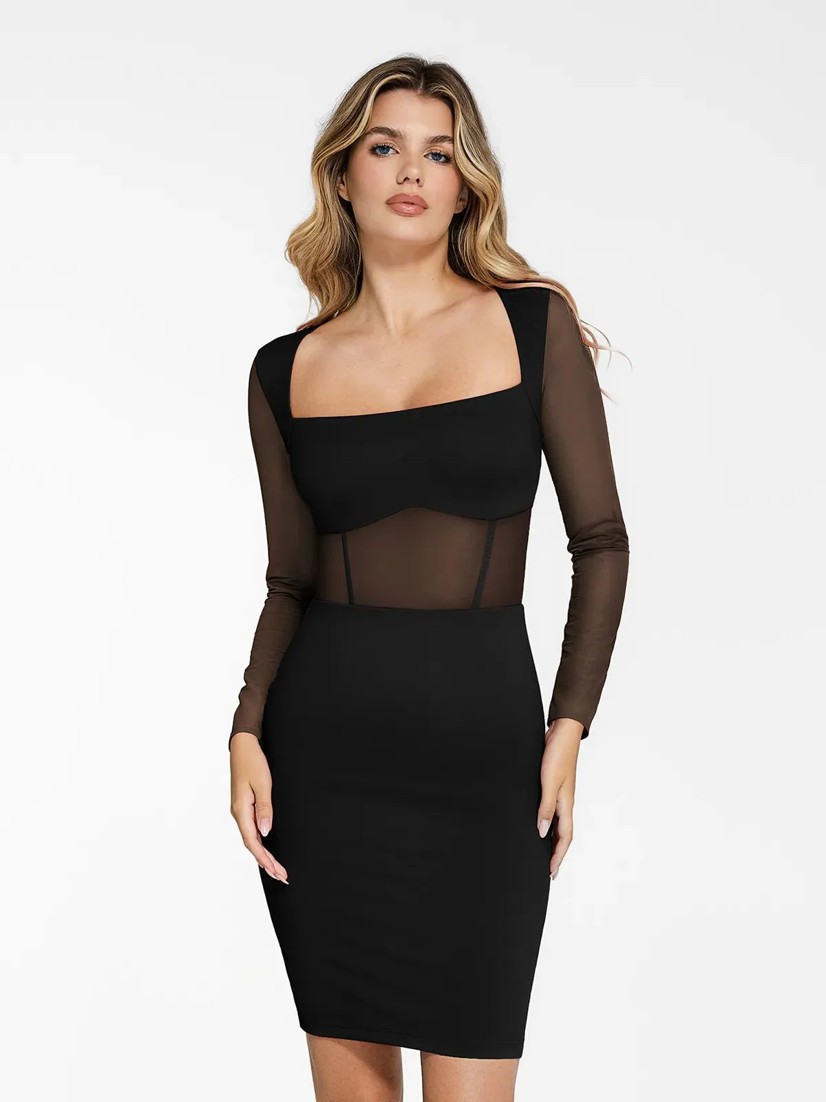 Shapewear Long Sleeve Mesh Inset Bodycon Midi Dress - Image 9