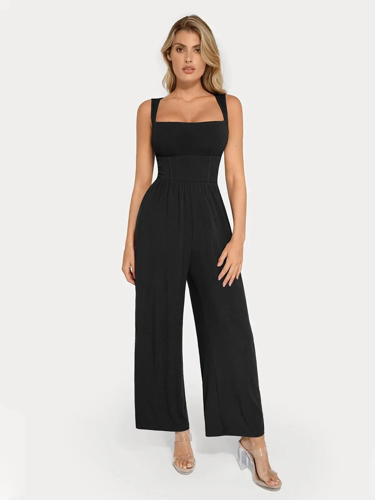 Shapewear Square Neck Tummy Control Wide Leg Jumpsuit - Image 49