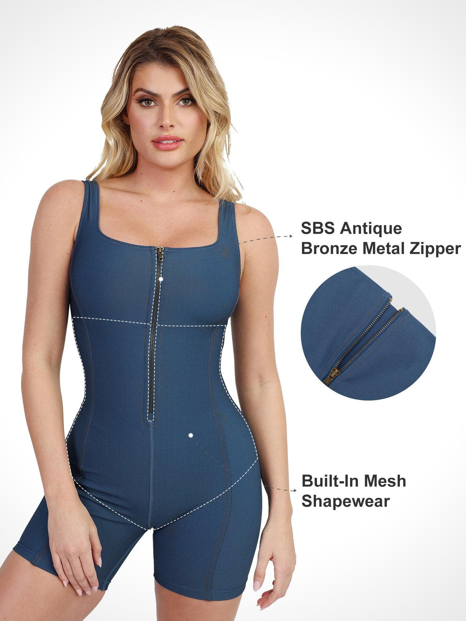 Shapewear Denim Square Neck Zip Front Sculpting Romper - Image 2