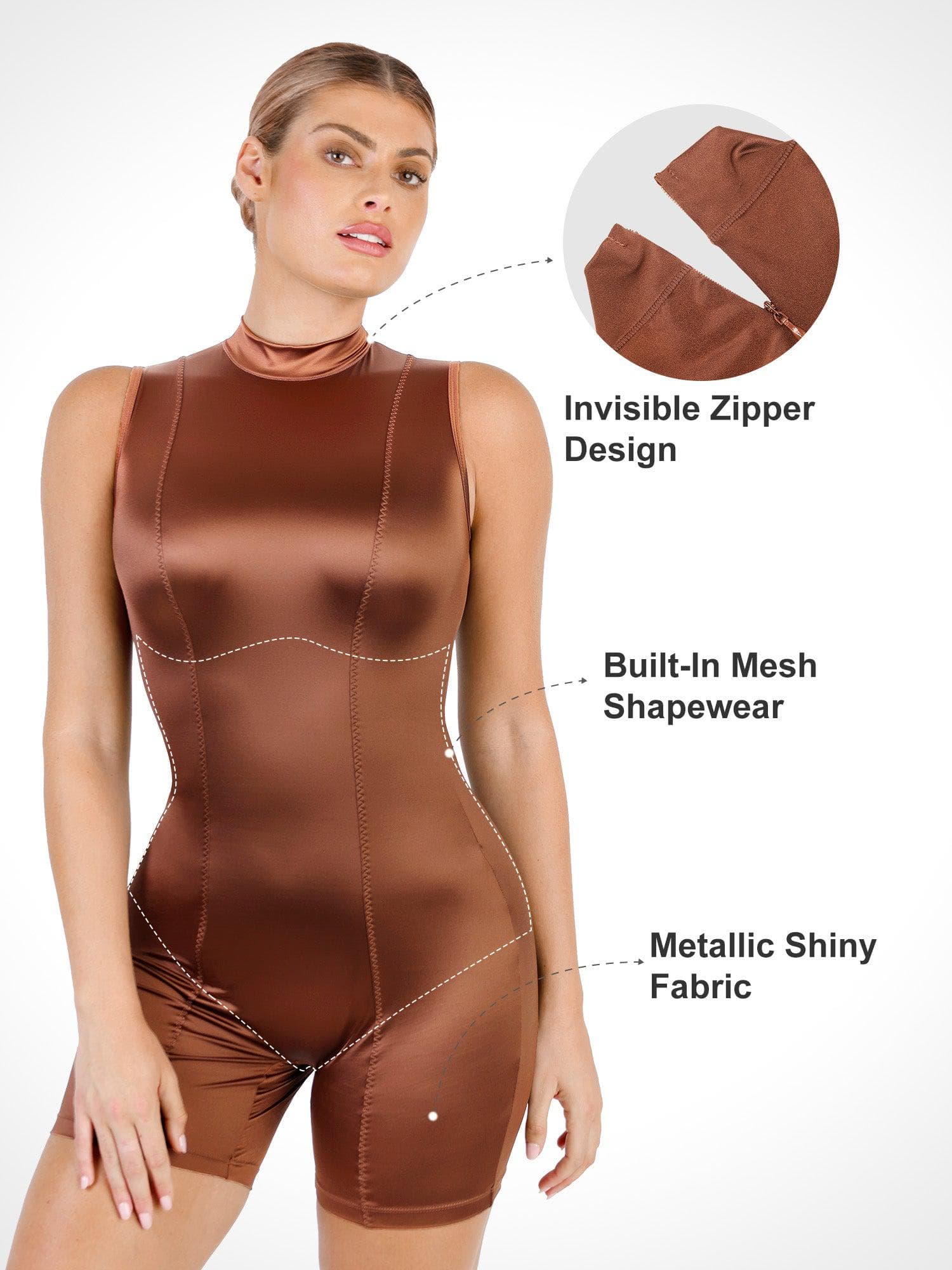 Shapewear Stretch Satin Mock Neck Sculpting Romper - Image 10