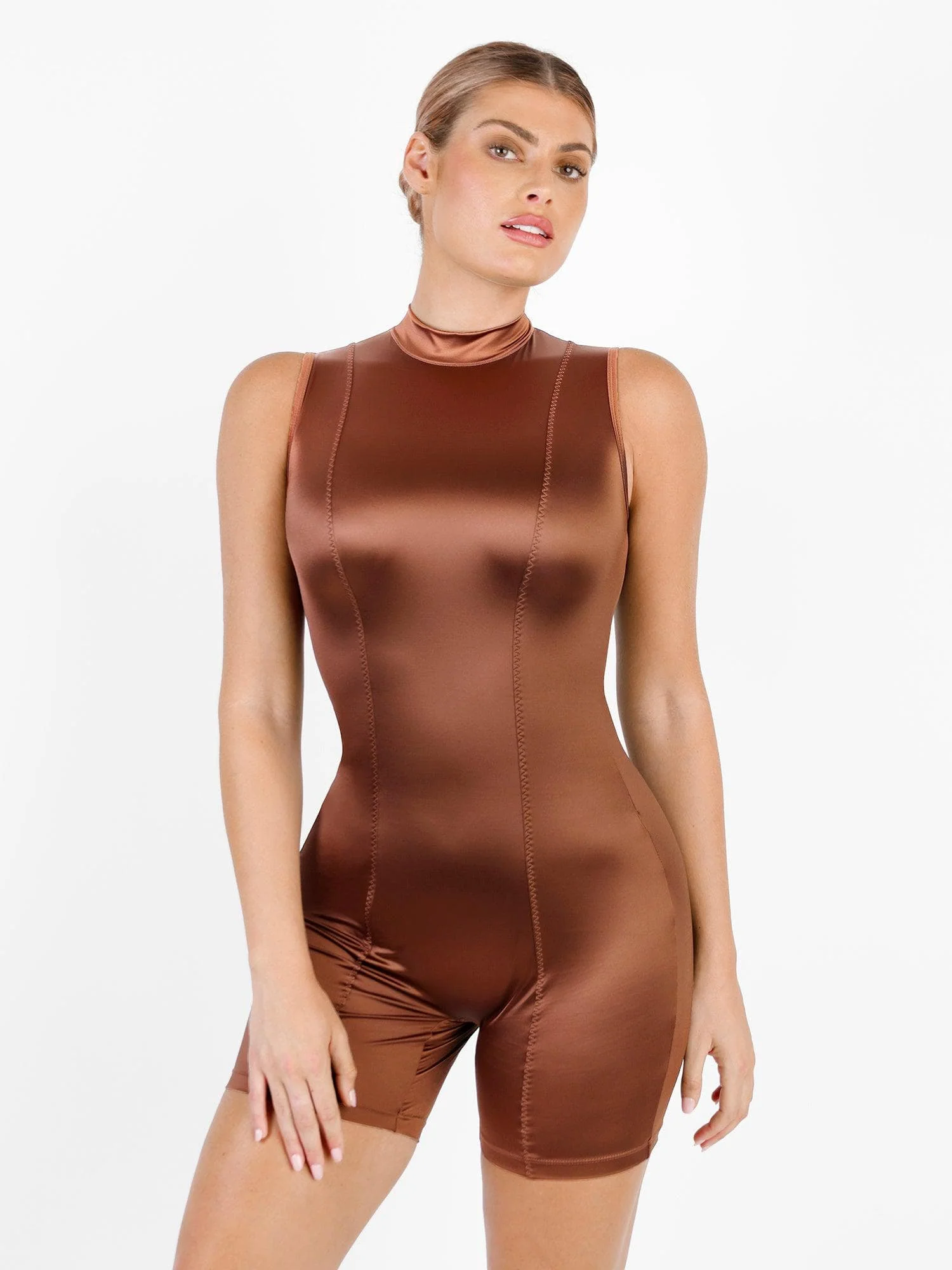 Shapewear Stretch Satin Mock Neck Sculpting Romper - Image 8
