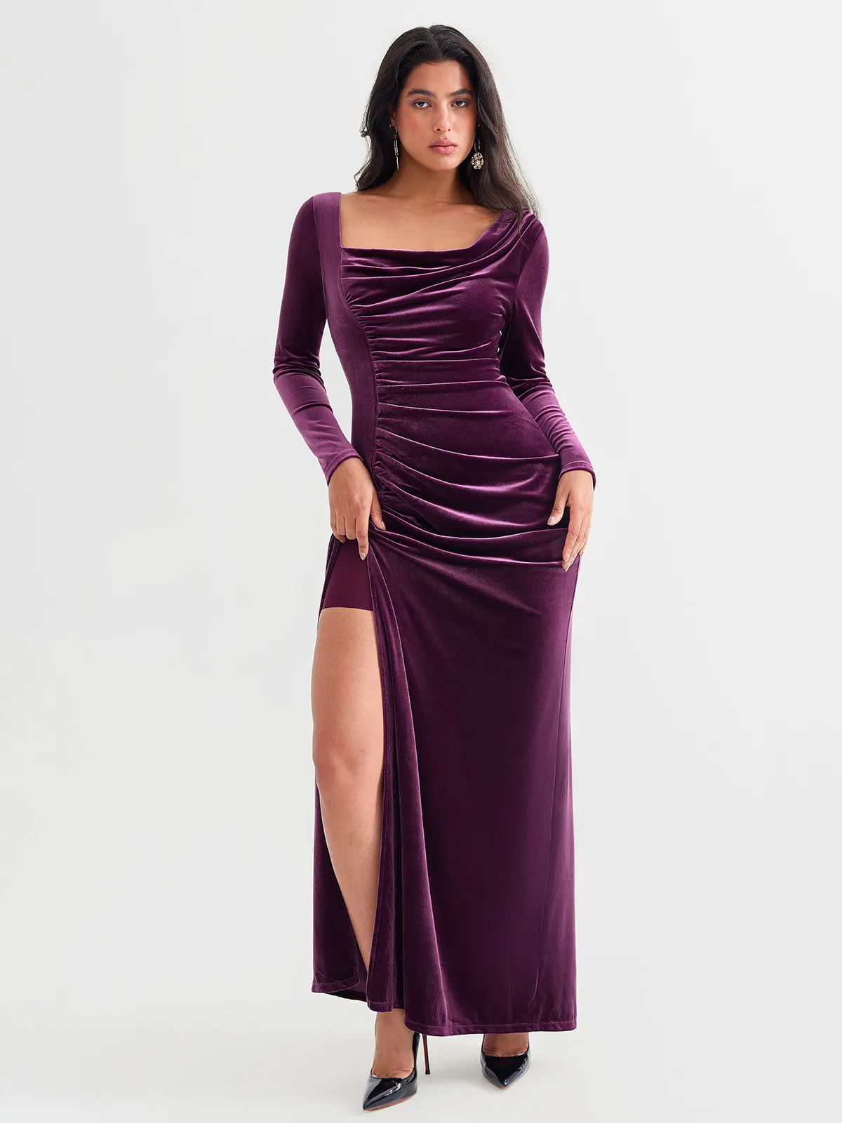 Velvet Draped Long Sleeve Sculpting Column Gown - Image 24