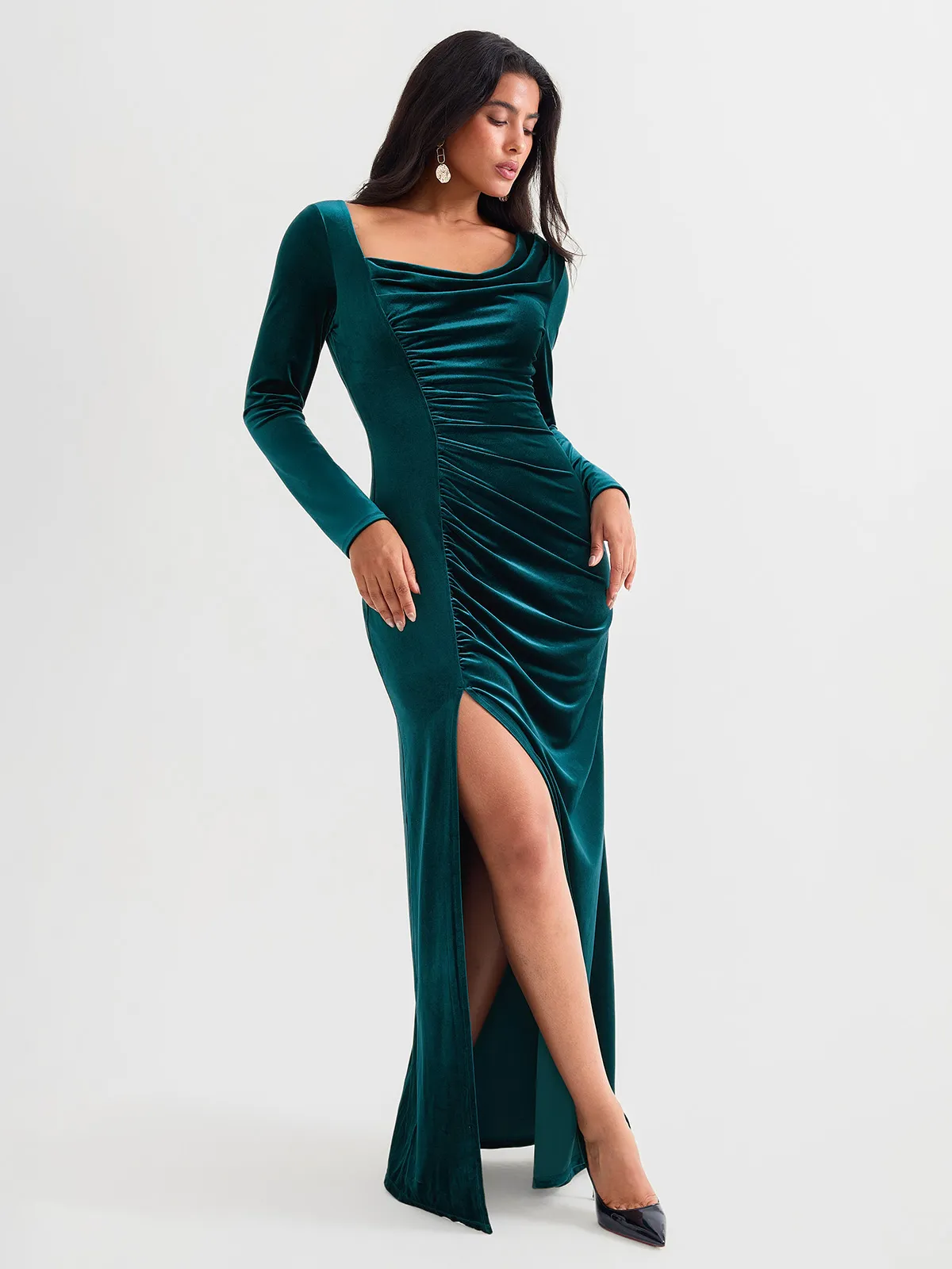 Velvet Draped Long Sleeve Sculpting Column Gown - Image 29