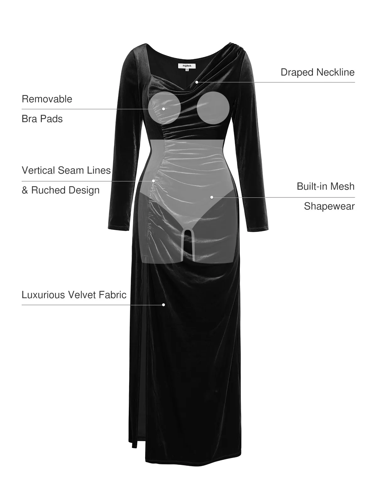 Velvet Draped Long Sleeve Sculpting Column Gown - Image 3