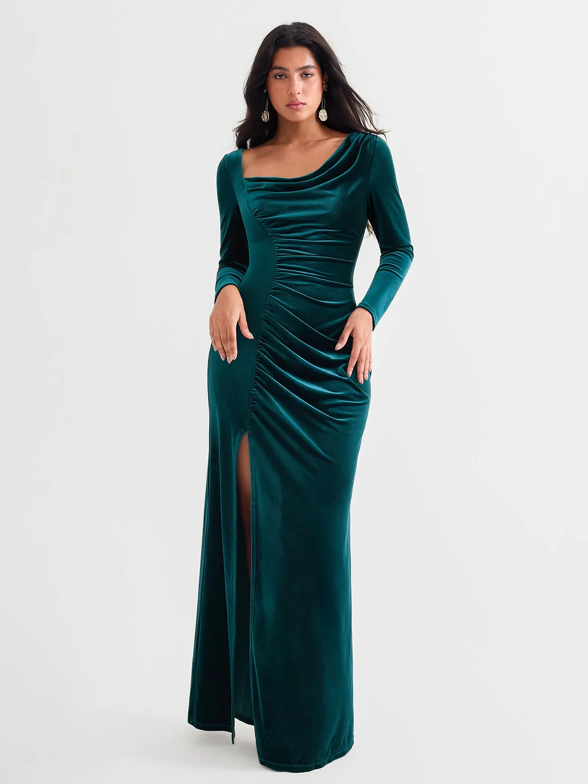 Velvet Draped Long Sleeve Sculpting Column Gown - Image 32