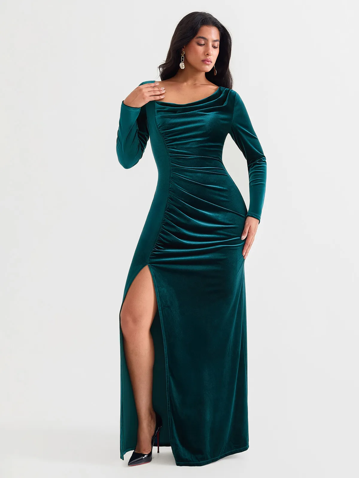 Velvet Draped Long Sleeve Sculpting Column Gown - Image 33