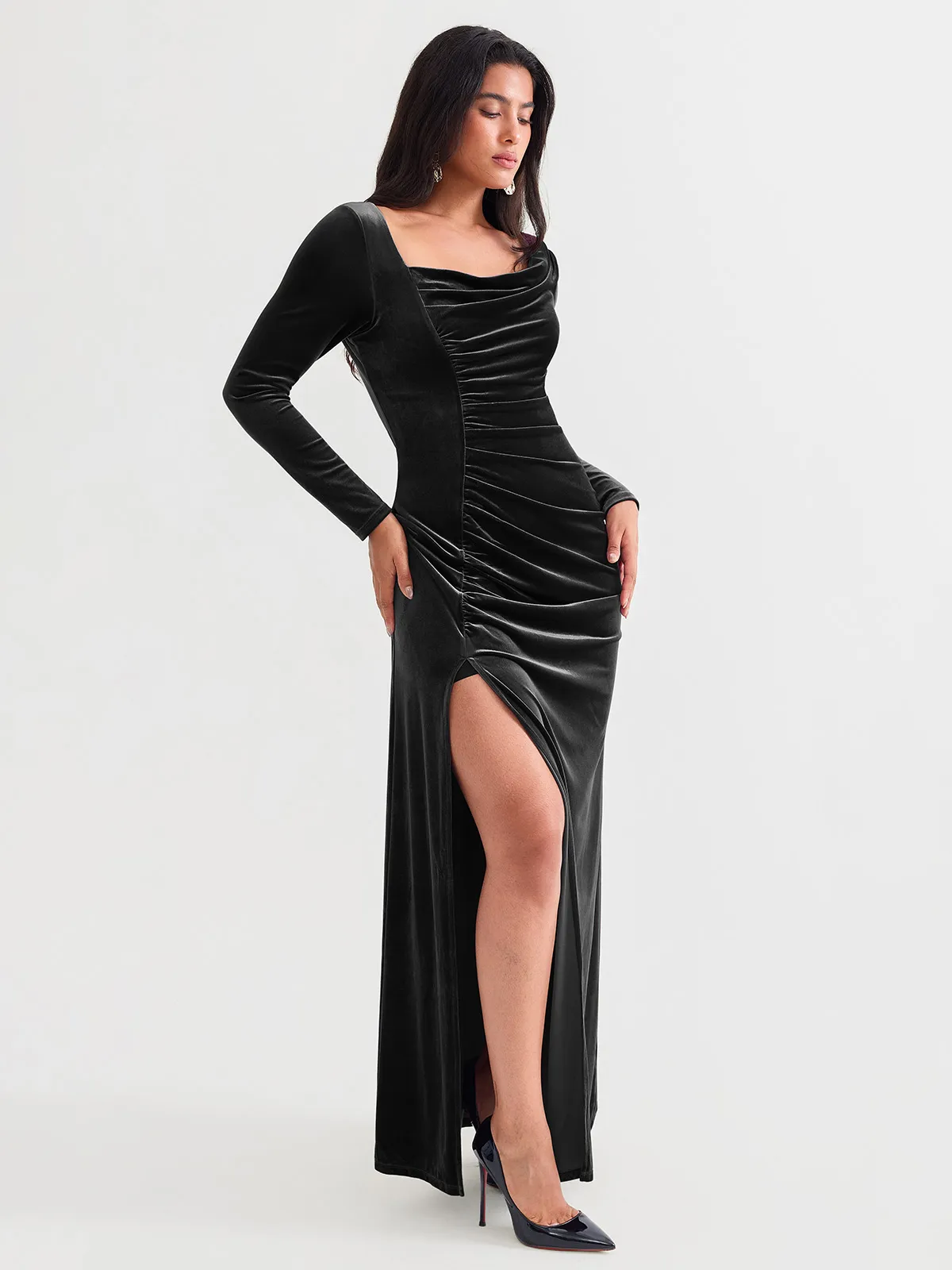 Velvet Draped Long Sleeve Sculpting Column Gown - Image 4