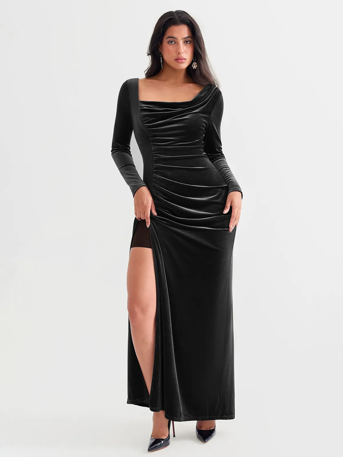 Velvet Draped Long Sleeve Sculpting Column Gown - Image 7