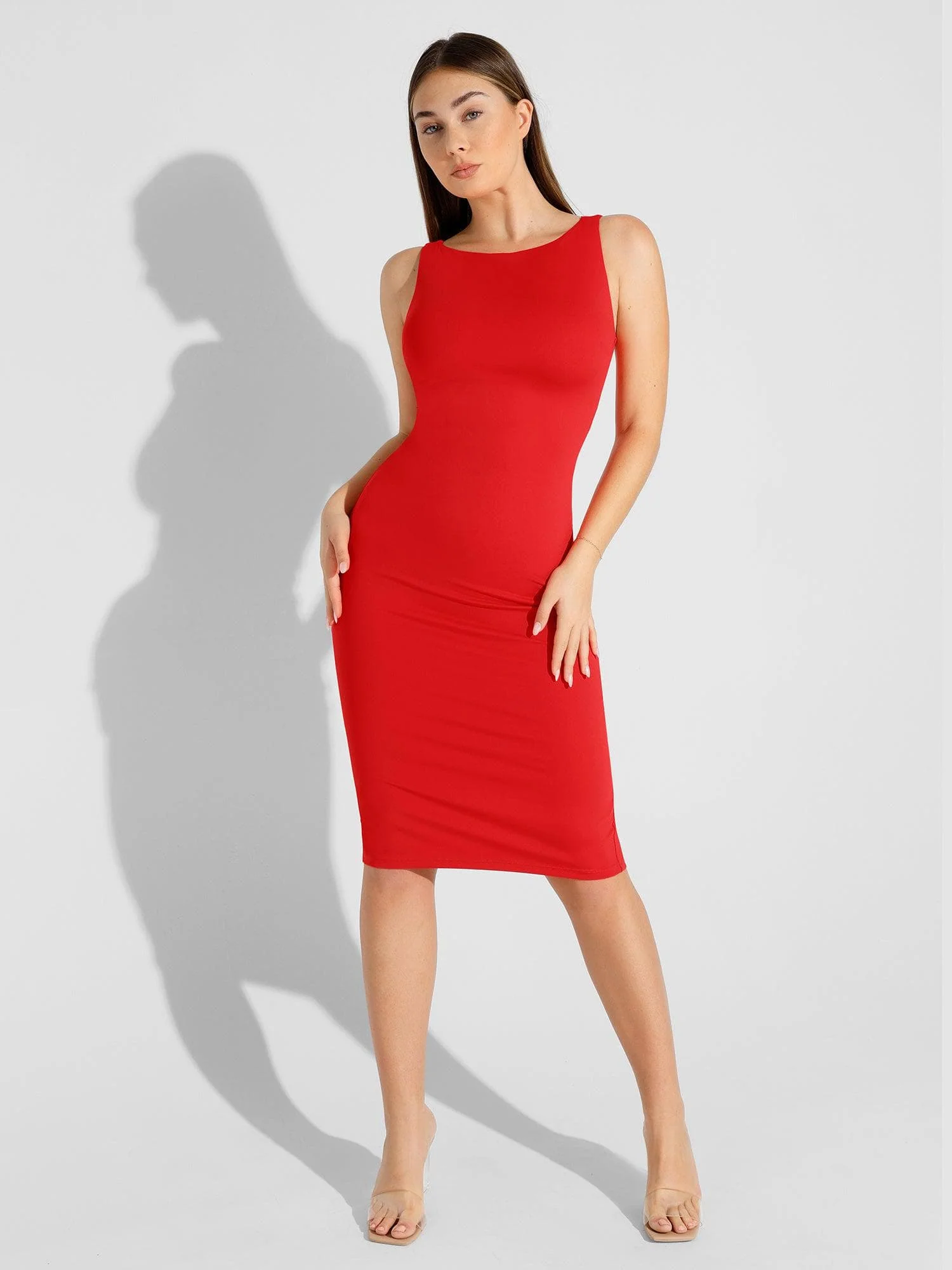 Shapewear Sleeveless Boatneck Sculpting Midi Work Dress - Image 18