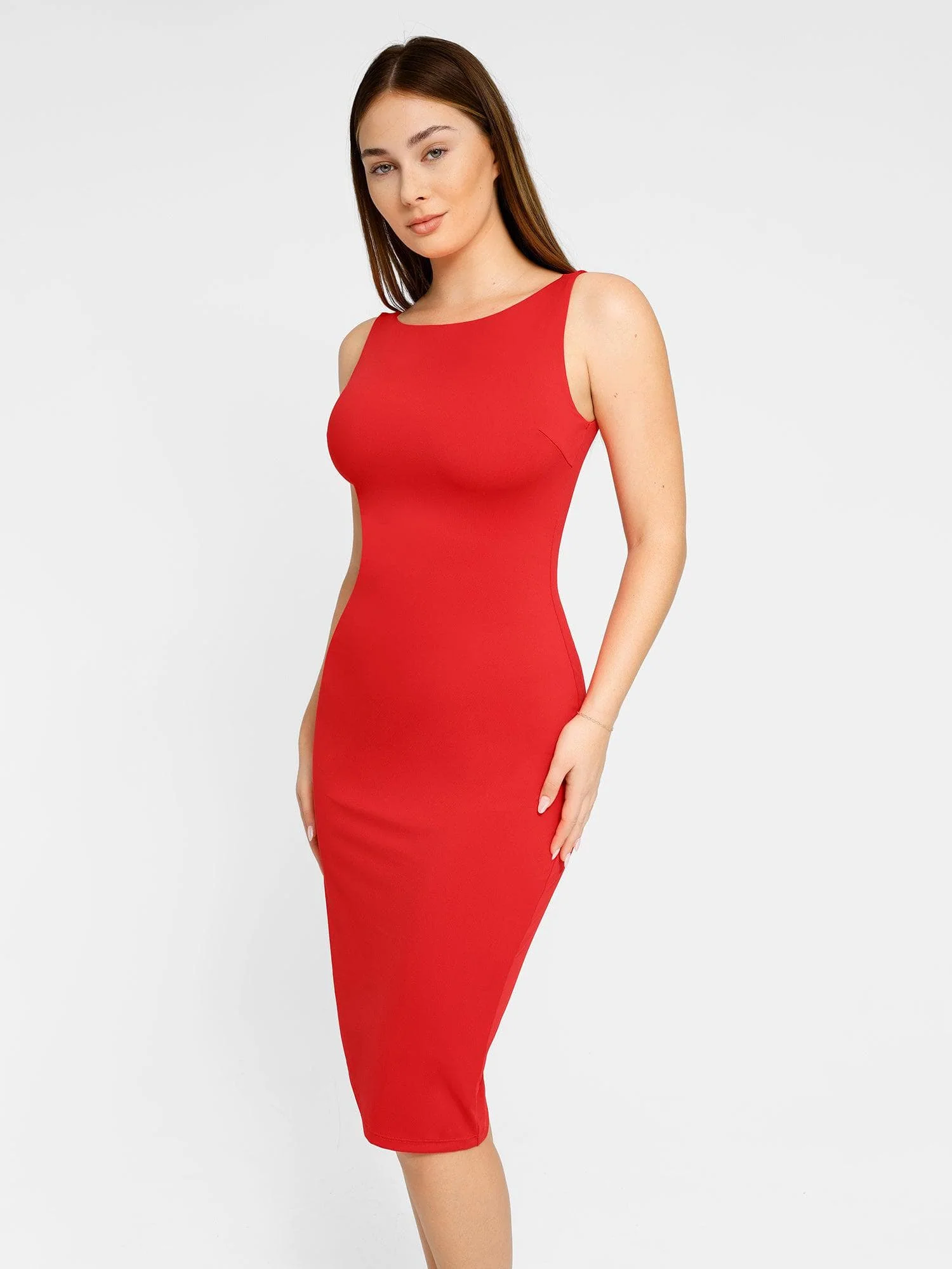 Shapewear Sleeveless Boatneck Sculpting Midi Work Dress - Image 20